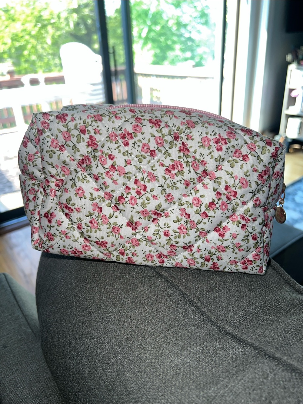 Quilted Floral Cosmetic Bag - Pink Rose Print
